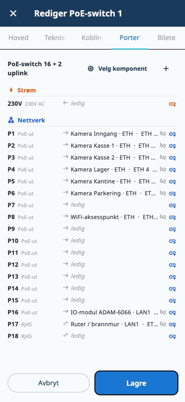 Komponentkort: portane på ein PoE-switch